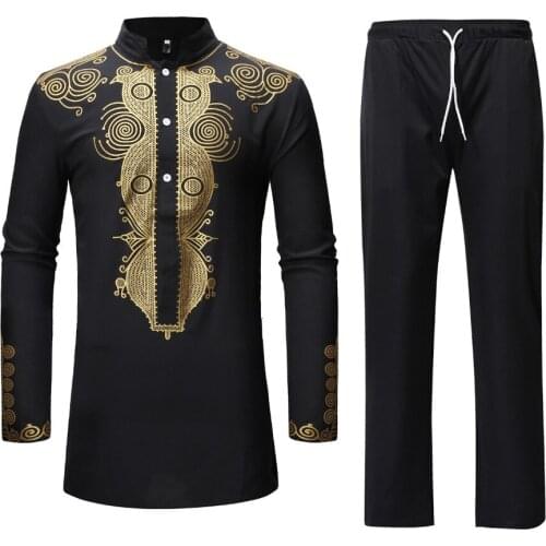 Black African Dashiki Print Top Pant Set 2 Pieces Outfit Set Nice Traditional Men African Clothes Casual African Suit for Men