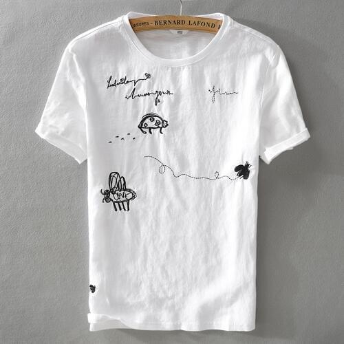 Summer cool new linen short-sleeved t-shirt exquisite trend male loose embroidery pattern stitching t shirt camisetas hombre