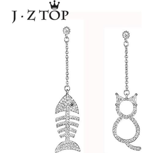 JZTOP Cute Crystal Animal Stud Earrings Cat Fishbone Asymmetric Geometric Long Earrings Woman Fashion Oorbellen Jewelry