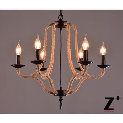 America Style Industry Country Chandelier Hemp Rope Lamp 6 E14 Vintage Iron Made Free shipping