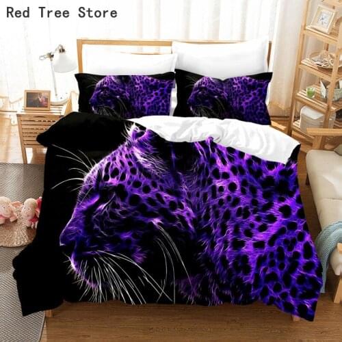 Fashion Design 3D Purple Leopard Printed Bedding Set Animal Duvet Cover Queen King Size Quilt Bed Linen Pillowcase for Kids Boy