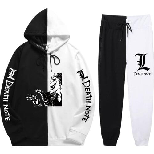 New Summer Man 2 Pieces Sets Japan Anime Death Note Print Patchwork Hoodie+Patchwork Pants Thin Sweatshirts Hot Sale