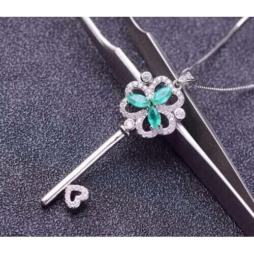 Natural green emerald gem pendant S925 silver Natural gemstone Pendant Necklace trendy Clover key women party fine jewelry