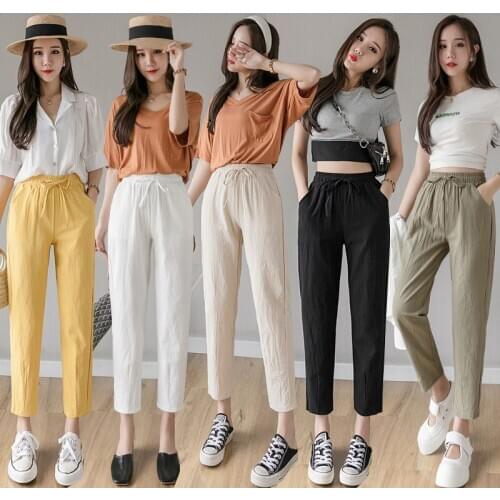 New Cotton Linen Casual Pants 2021 Summer Spring Womens Pants Candy Colors Ankle-Length Pants Straight Solid Plus Size Trousers
