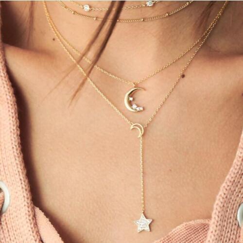 New Fashion Gold Multi Layered Chains Crystal Moon Star Necklace Women Charms Statement Choker Necklace Boho Jewelry Collares