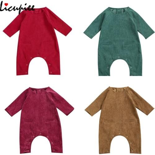 Autumn Winter Baby Boy Girl Pocket Romper Solid Color Round Neck Long Sleeve Jumpsuit for Kids 0-24 Months