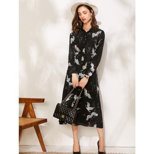 Autumn Real Silk Shirt Dress 100% Mulberry Silk Women One-piece Print Sashes Dresses M L XL FREE SHIPPING
