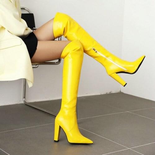 ZawsThia Patent PU Leather Shinny PU Yellow Navy Sexy Women Winter Boots Pointed Toe Block Heels Thigh High Over The Knee Boots