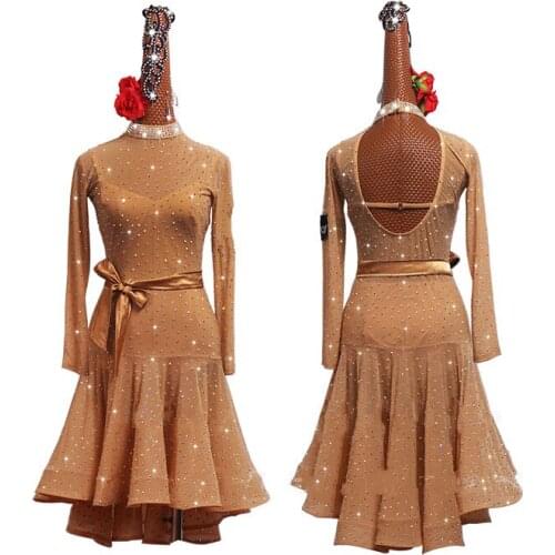 Nude Color Latin Dance Dress Contest Performance Costume Womens Dark Skin Color Full Rhinestone Fishbone Dance Skirt Two-piece