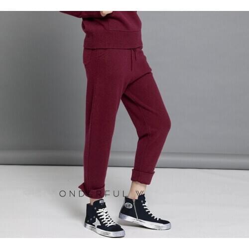 Pure cashmere knit women fashion boutique sprts casual pants full length harem trousers for autumn spring S-2XL solid color