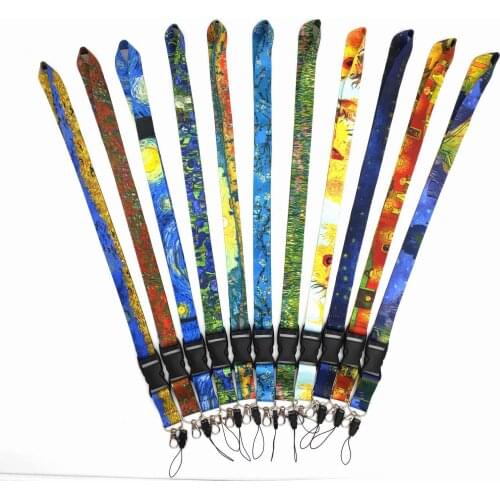 Wholesales 30 Pieces Top Quality Fashion Van Gogh Sunflowers Badge Holder Strap Mobile Phone ID Card Holder Key Chains Lanyard