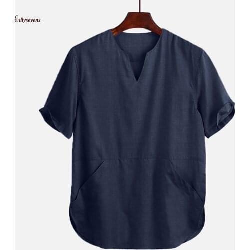 Shirt Men Baggy Cotton Linen Solid Color Short Sleeve Retro Tunic Shirt Blouse Tops Men Clothing Camisa Masculina Рубашка