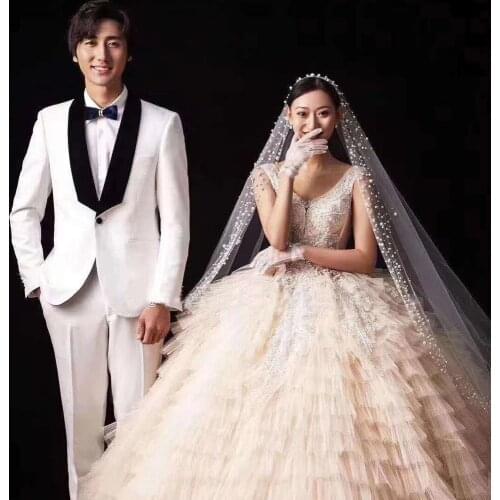 Pearls Wedding Veil White Floor Length Ivory Bridal Veils for Lady Elegant Bridal Party Veils Simple Wedding Accessories Veil