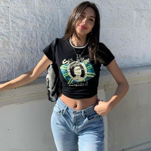 Vintage black short-sleeved T-shirt female short-sleeved T-shirt with navel print gothic clothes y2k harajuku t shirt femme y2k