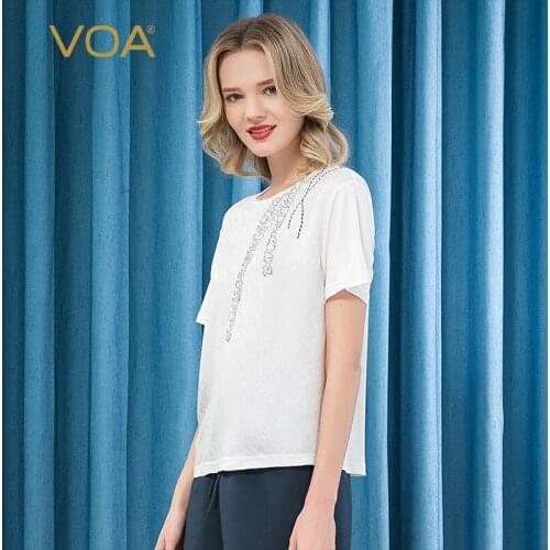 VOA Silk Jacquard Silk Tops O-Neck Short Sleeve Asymmetric Black Thread Hand Embroidery on Silk Fungus White Woman Tshirts BE69