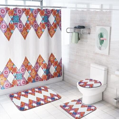 Bohemian Printing Waterproof Shower Curtain Bathroom Toilet Floor Mat Set Shower Curtain Stock Carpet Set