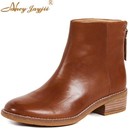 Cork Ankle Boots Brown Winter Ladies Round Toe Square Heel Shoes Woman Solid Short Plush Zipper Work Casual Fashion