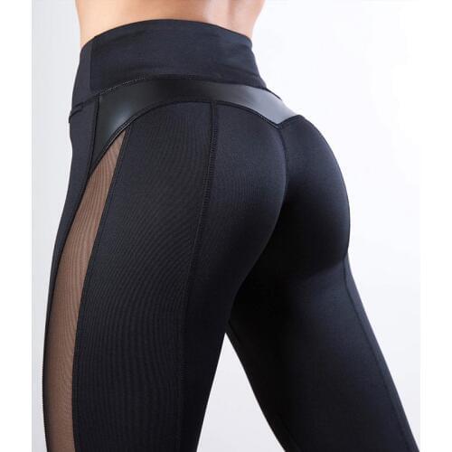 New PU Leather Mesh Patchwork Leggings Women Sexy Slim Breathable Fitness Leggins Booty Push Up Workout Long Pants Drop Shipping