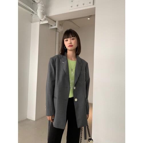 2021 Fall Retro Womens Contrast Color Fashion Stitching Suit Jacket Waist Loose Casual Dark Blue Brown Blazer With Belt