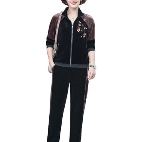 Gold velvet tracksuits Women two Piece Set Long sleeve zipper up jacket and elastic waist pant Sporting Suit Female clothes