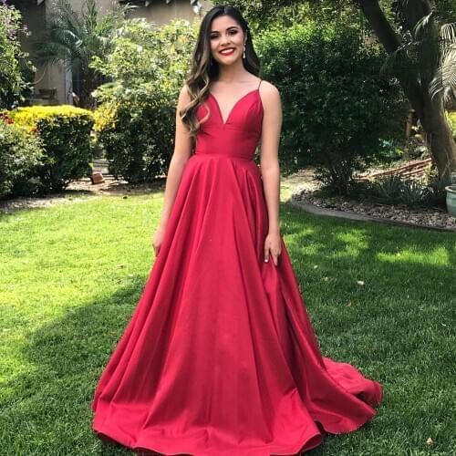 Wei yin Satin Spaghetti Straps Prom Formal Dress Sleeveless A-line Evening Dress Vestidos With Pockets Floor Length Party Dress