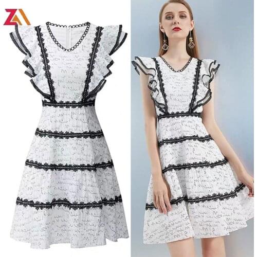 ZALady designer mini party dress summer elegant ruffles lace up embroidery butterfly sleeve vintage high waist women dresses