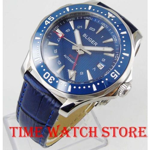 2019 New 41mm Bliger GMT Automatic watch men Luxury mechanical waterproof blue dial leather strap ceramic luminous 946