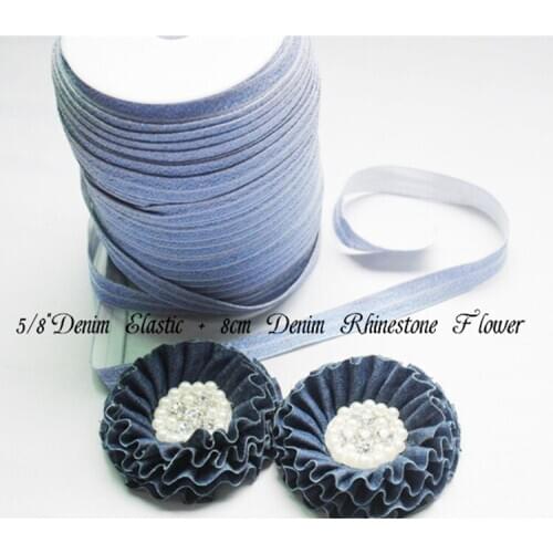 5/8 '' elastic denim 100 yard + 35 pcs rhinestone denim shabby flowers hair accessories