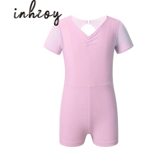 Kids Short Sleeves Cutout Tulle Professional Ballet Gymnastics Leotards Girls Stage Performance Dancewear Gym Unitards Jumpsuit