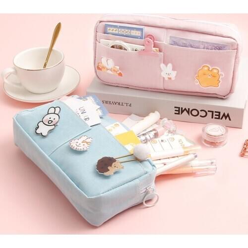 Kawaii Large Pencil Case Stationery Storage Bags Canvas Pencil Bag Cute Makeup Bag School Supplies for Girl Kids Gift Badge