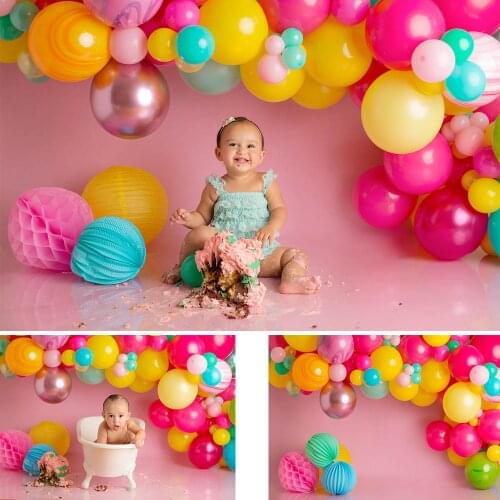 Colorful Balloons Children Birthday Cake Smash Backdrop Photocall Pink Solid Color Sweet Girl Portrait Background Photography