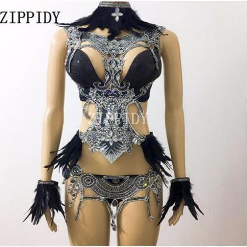 Fashion 3 Colors Sparkly Crystals Feather Performance Costume Women Singer Stage Wear Clothing Set Birthday Diamonds Dance Bra