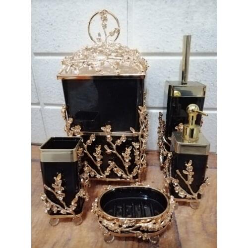 Bathroom Set Dustbin Brush Holder Soap Dispenser 5 Pcs Bathroom Set Brass Cast Gold Elegance