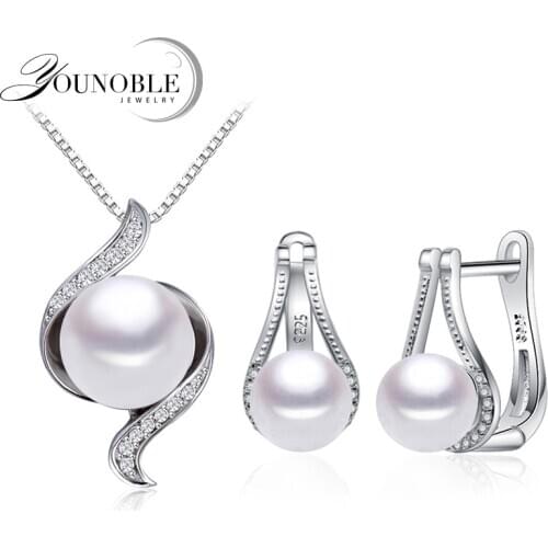 Wedding 925 Sterling Silver Jewelry Sets White Natural Pearl Clip Earrings Custom Bohemian Pendant Chain Necklace For Women
