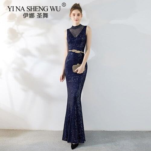 New Mermaid Dress Gold Sequined High Neck Crystal Slim Formal Dinner Banquet Prom Party Gown Vestido Elegante Fiesta