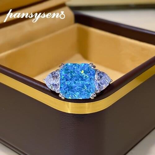 PANSYSEN Vintage 100% 925 Sterling Silver 5ct Simulated Moissanite Aquamarine Gemstone Ring Luxury Party Finger Rings for Women