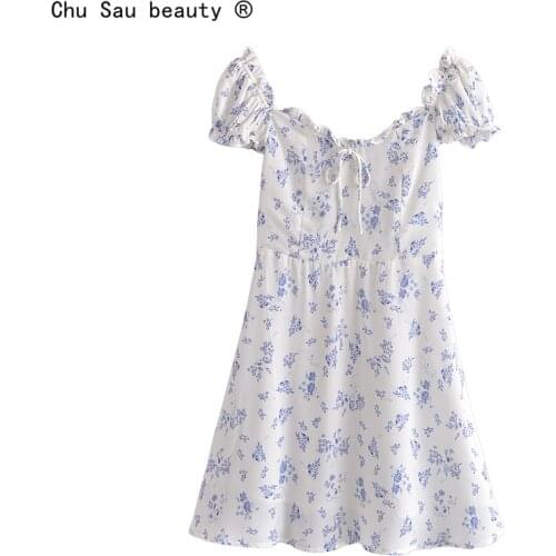 2021 Summer V Neck Puff Sleeve Bowknot Lace Edible Tree Fungus Elastic Fold Floral Printed Dress Female Zipper Vestido Fashion