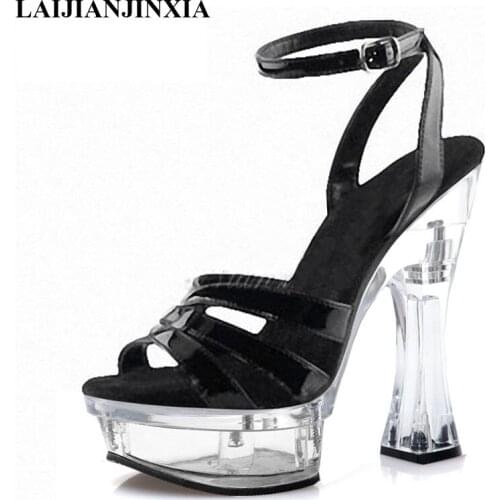 14 Cm Super High Heeled Shoes Roman Hollow Patent Leather Big Size Womens Sandals Office Lady Work Shoes Fashion Models Shoes