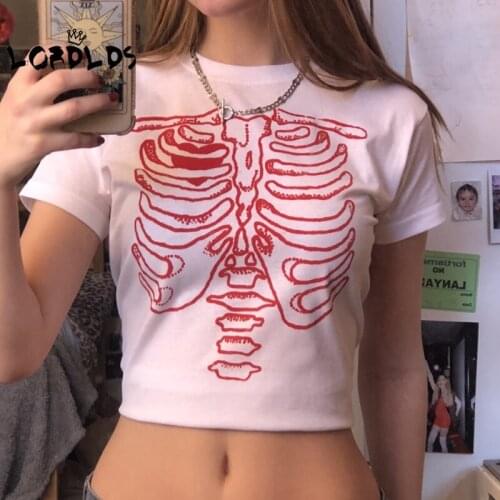 LORDLDS Women Graphic T Shirts Skulls Print Black Kawaii Clothes Y2k Short Sleeve Gothic Punk Clothes Streetwear Women Top