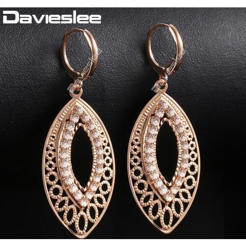 Davieslee Dangling Earrings For Women CZ 585 Rose Gold Cut Out Leaf Shaped Drop Earrings Woman Wholesale Jewelry Gifts DGE196