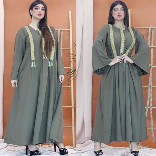 Women Kaftan Muslim Loose Long Dress Islamic Ramadan Middle East Eid Abaya Dubai Long Sleeve Maxi Robe Arabic Sequins Tassel New