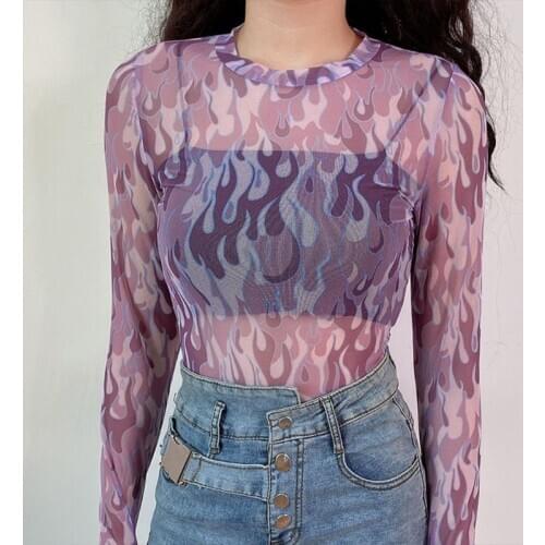 Women Long Sleeve O-Neck Crop Top Harajuku Fire Flame Print Sheer Mesh T-Shirt