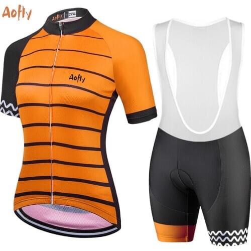 Womens Professional Orange Short Sleeve Jersey Bib Sets MTB 2021 Cycling Clothing Ropa Ciclismo Road Triathlon Uniform Dress