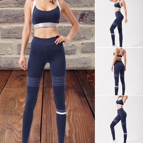 Womens 2-Piece Sports Suit Sleeveless Padded Cross Back Bra & High Waist Seamless Leggings Quick Dry Spliced Style M2
