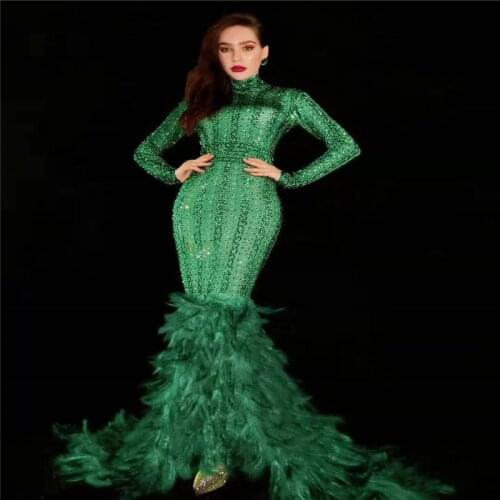 T82 Female dark green rhinestons long tail feather dress women party evening wears crystal skirt skinny outfit stage costume bar