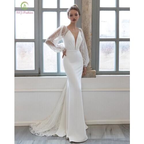 SSYFashion White Mermaid Evening Dress Lace Long Sleeve V-neck Silm Fishtail Long Formal Party Gowns for Women Vestido De Novia