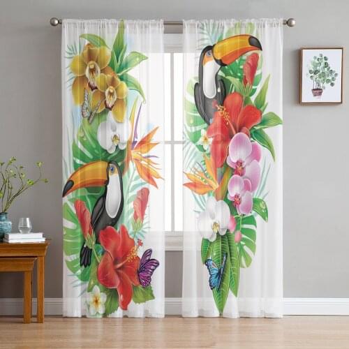 Animal Warbler Bird Tropical Flower Leaf Butterfly Tulle Curtains for Living Room Chiffon Sheer Voile Kitchen Bedroom Curtain