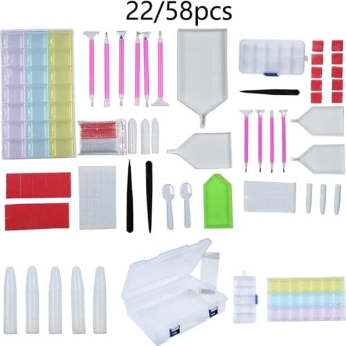 22/58pcs DIY 5D Drill Embroidery Diamond Painting Art Tools Kit Cross Stitch Rhinestone Beads Organizer Plastic Storage Box