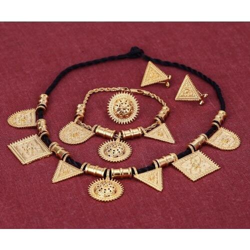 Bangrui Wholesale Eritrea Habesha Ethiopian set Jewelry Necklace Bracelet Earring Ring Jewelry Gold color Africa Wedding Women