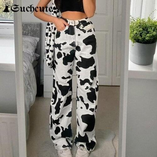 SUCHCUTE Animal Cow Printed High Waist Streetwear Denim Pants Summer Gothic Straight Trousers 2021 Y2K Fashion Outfits Bottoms